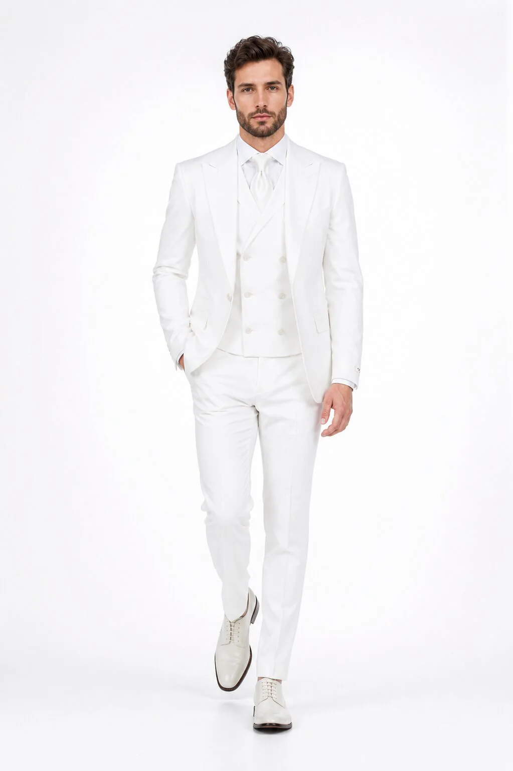 Tiglio Rosso Suit - Classic Fit Athletic Cut 100% Wool Super 150s Italian Fabric Peak Lapel in Color Off White - Image 5