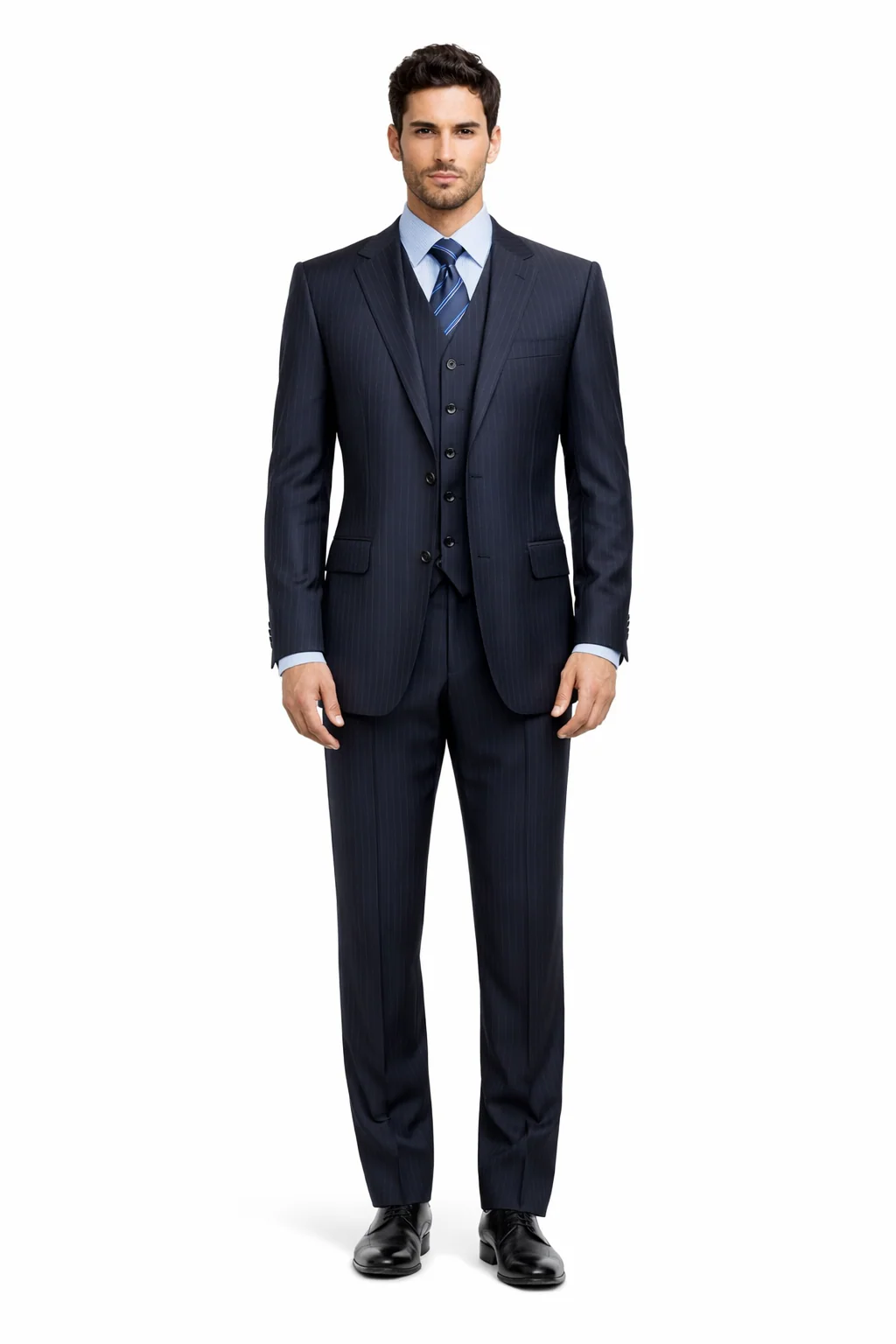Tone on Tone Shadow Stripe Athletic Cut Classic Suits Men's suit  Classic Relax Fit Pleated Pants 19 Inch Bottom Dark Navy