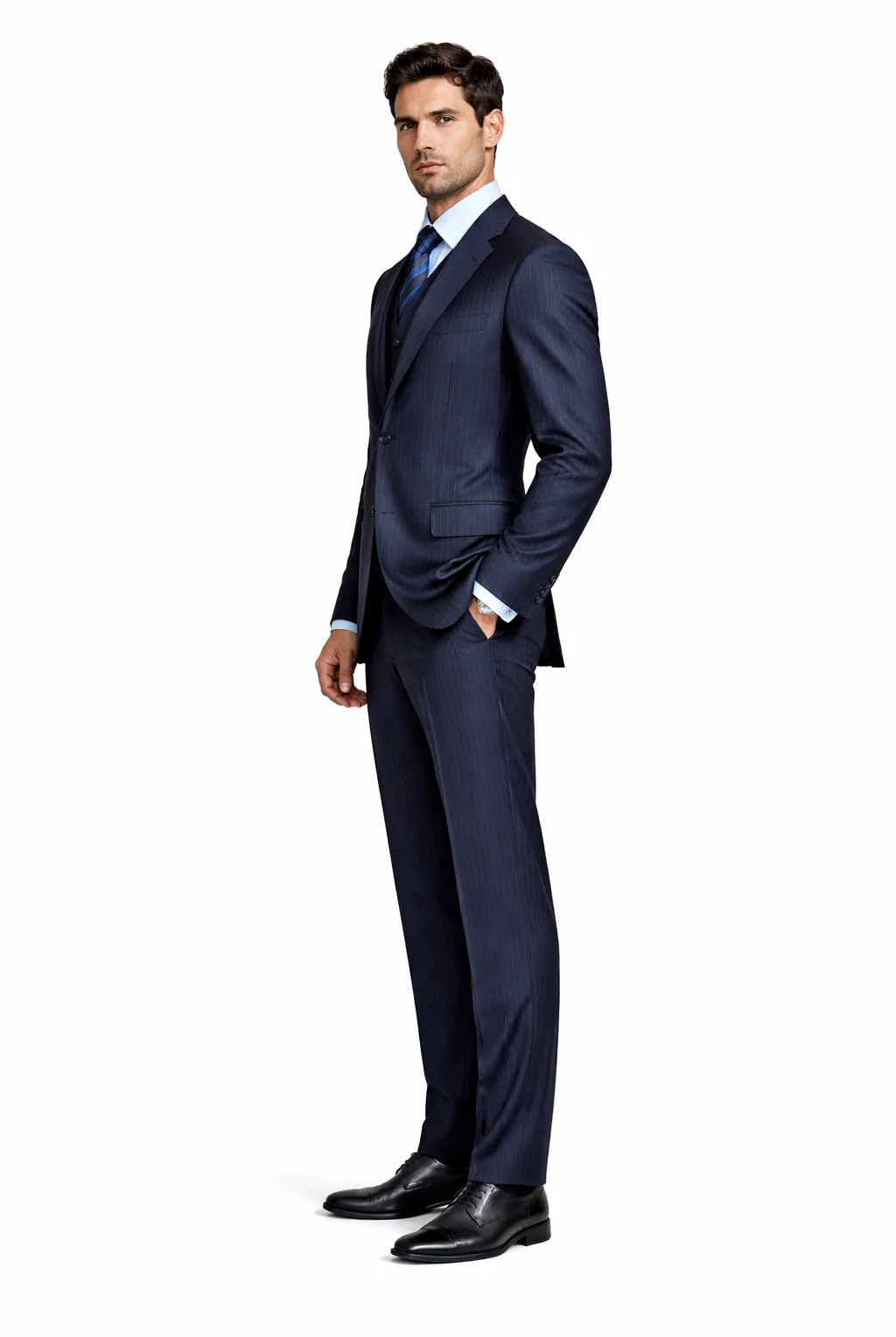 Tone on Tone Shadow Stripe Athletic Cut Classic Suits Men's suit  Classic Relax Fit Pleated Pants 19 Inch Bottom Dark Navy - Image 3