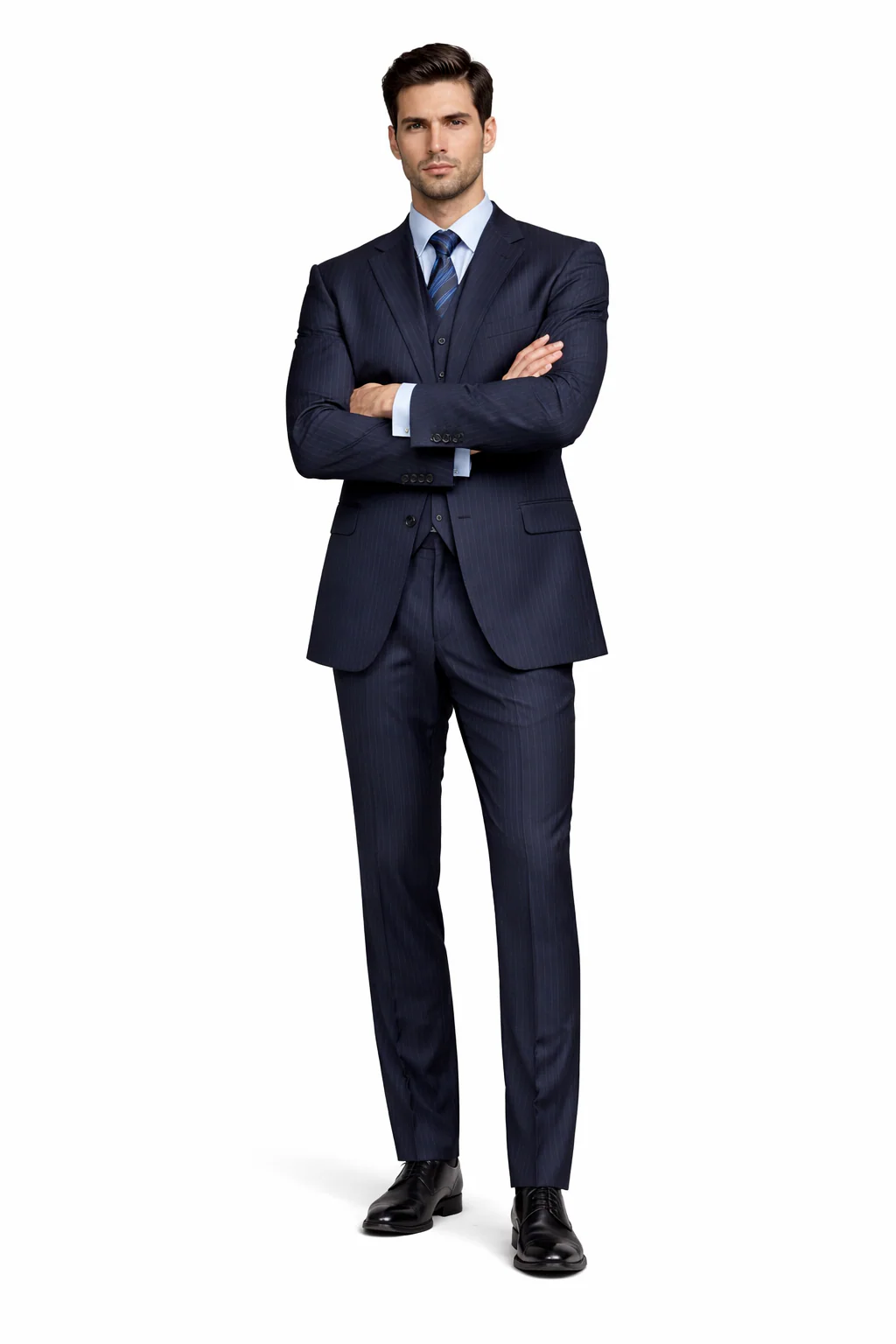 Tone on Tone Shadow Stripe Athletic Cut Classic Suits Men's suit  Classic Relax Fit Pleated Pants 19 Inch Bottom Dark Navy - Image 5