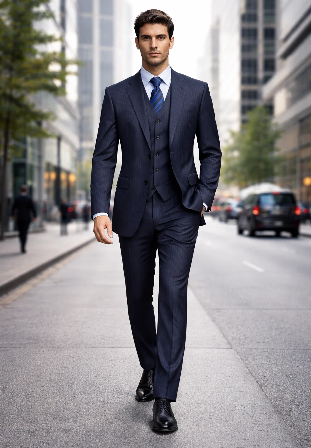 Tone on Tone Shadow Stripe Athletic Cut Classic Suits Men's suit  Classic Relax Fit Pleated Pants 19 Inch Bottom Dark Navy - Image 6