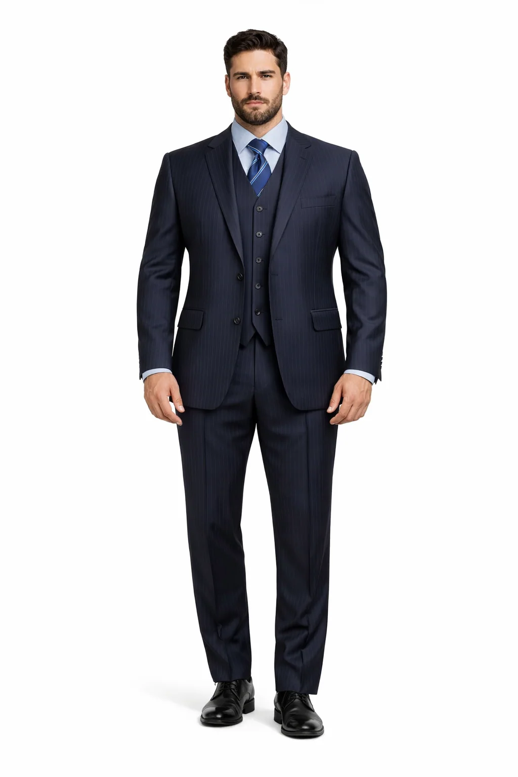 Tone on Tone Shadow Stripe Athletic Cut Classic Suits Men's suit  Classic Relax Fit Pleated Pants 19 Inch Bottom Dark Navy - Image 7