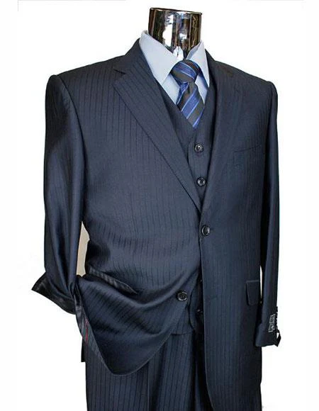 Tone on Tone Shadow Stripe Athletic Cut Classic Suits Men's suit  Classic Relax Fit Pleated Pants 19 Inch Bottom Dark Navy - Image 9