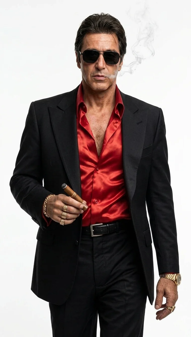 Tony Montana’s Black Blazer with Red Sateen Shirt – Men’s Black Formal Blazer and Red Satin Style Shirt Outfit for Party, Wedding and Vintage Wear - Image 4