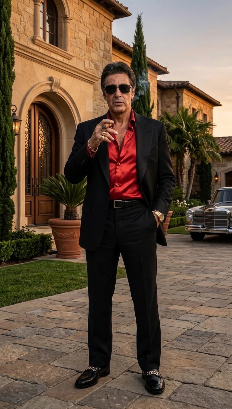 Tony Montana’s Black Blazer with Red Sateen Shirt – Men’s Black Formal Blazer and Red Satin Style Shirt Outfit for Party, Wedding and Vintage Wear - Image 8