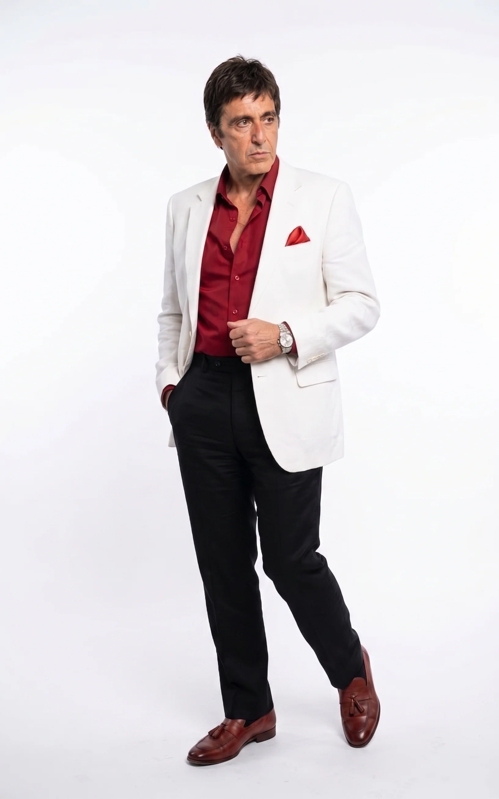 Tony Montana’s White Blazer Red Shirt Black Pants – Men’s White Blazer Outfit with Red Shirt and Black Trousers for Party, Wedding and Vintage Style Wear - Image 2