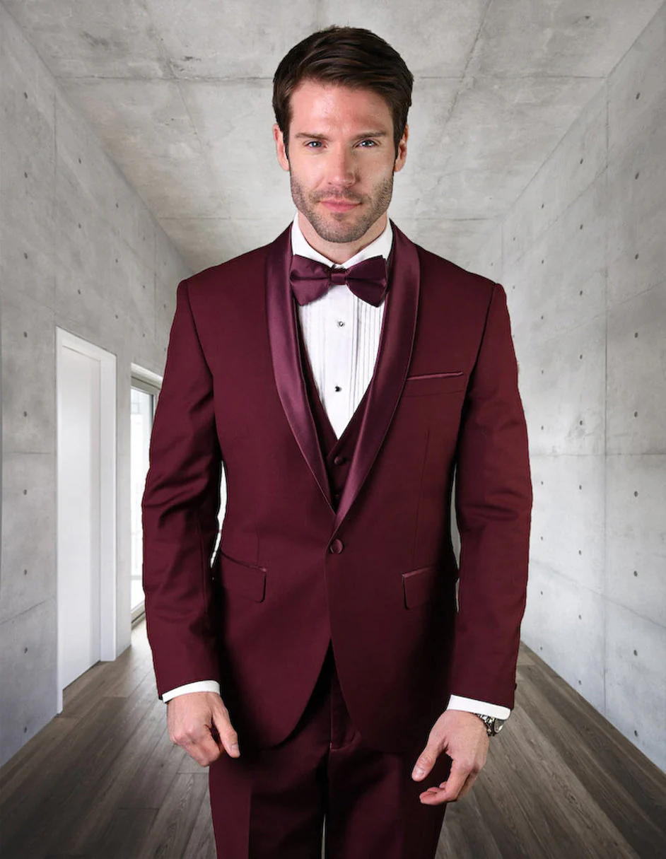 Mens Wool One Button Modern Fit Vested Shawl Prom Tuxedo in Burgundy - Image 5