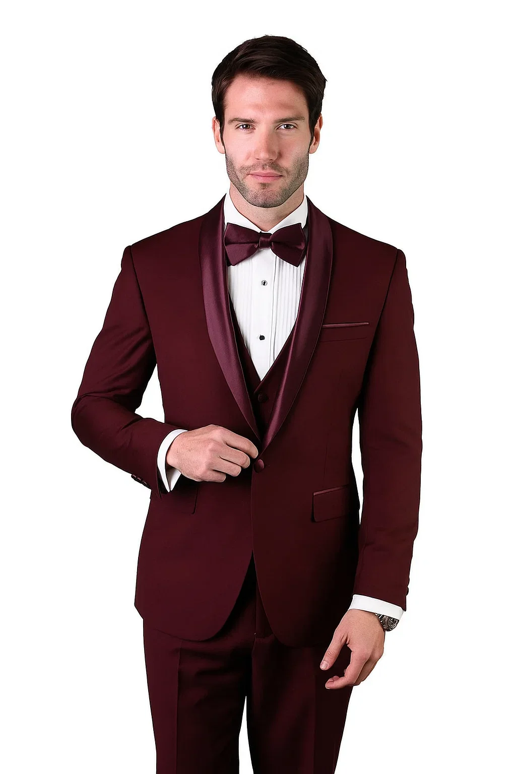 Mens Wool One Button Modern Fit Vested Shawl Prom Tuxedo in Burgundy - Image 6
