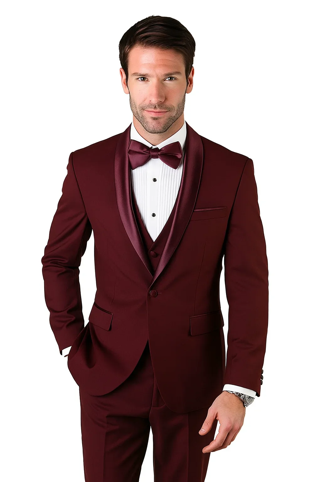 Mens Wool One Button Modern Fit Vested Shawl Prom Tuxedo in Burgundy - Image 7