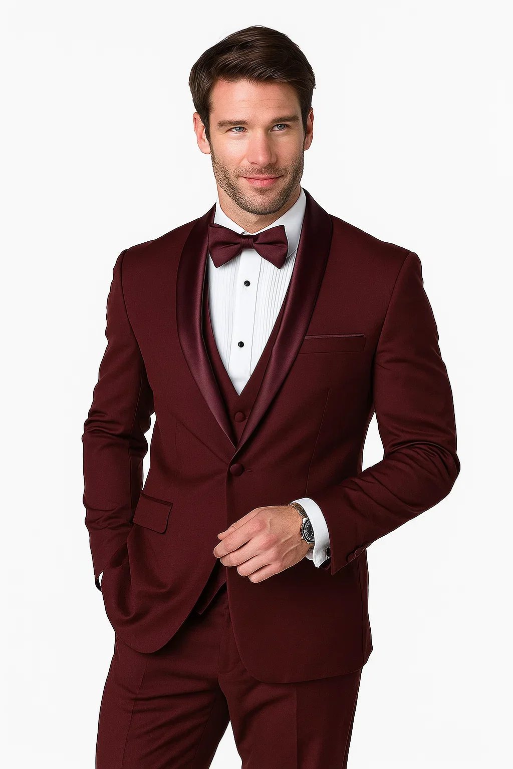 Mens Wool One Button Modern Fit Vested Shawl Prom Tuxedo in Burgundy - Image 8