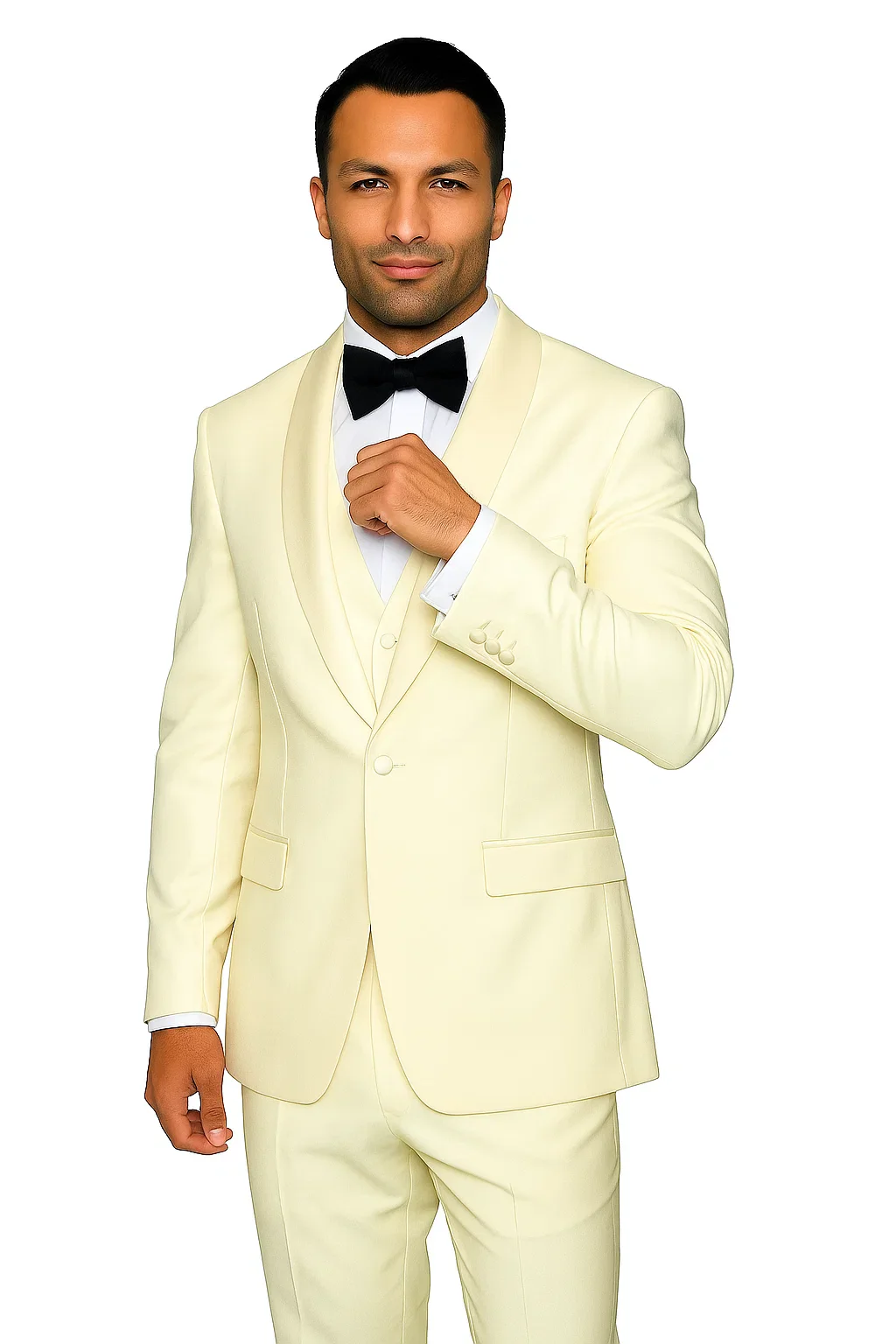 Mens Wool One Button Modern Fit Vested Shawl Prom Tuxedo in Ivory - Image 3