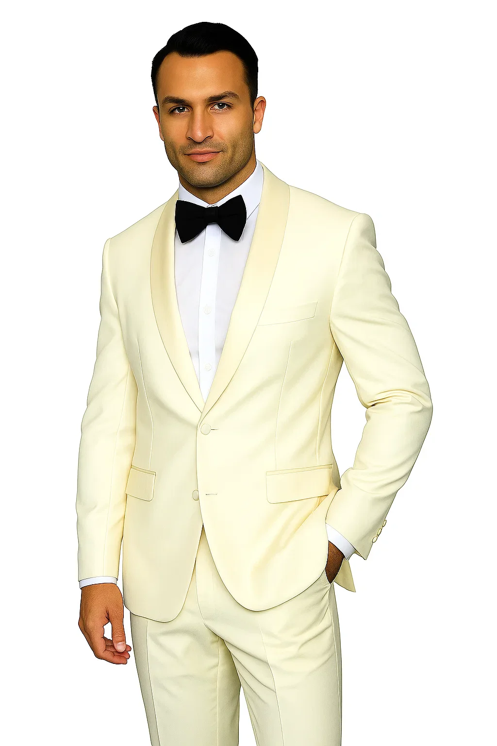 Mens Wool One Button Modern Fit Vested Shawl Prom Tuxedo in Ivory - Image 4