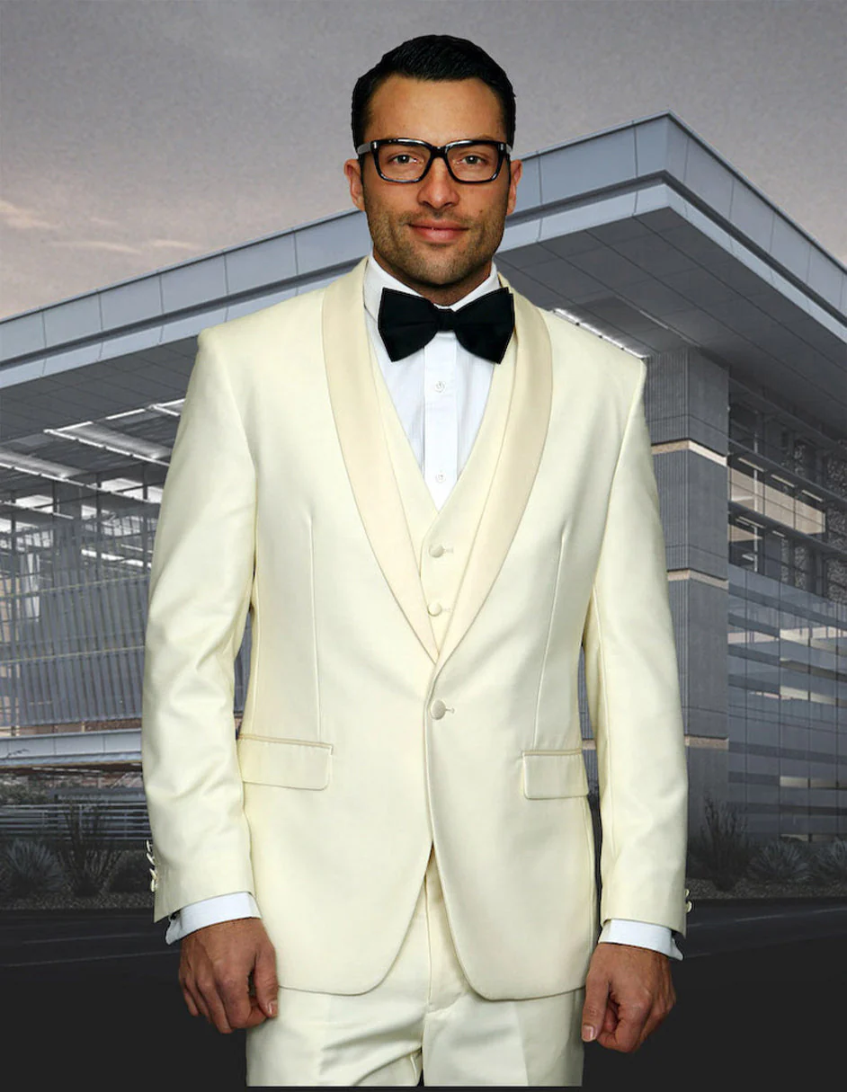 Mens Wool One Button Modern Fit Vested Shawl Prom Tuxedo in Ivory - Image 5