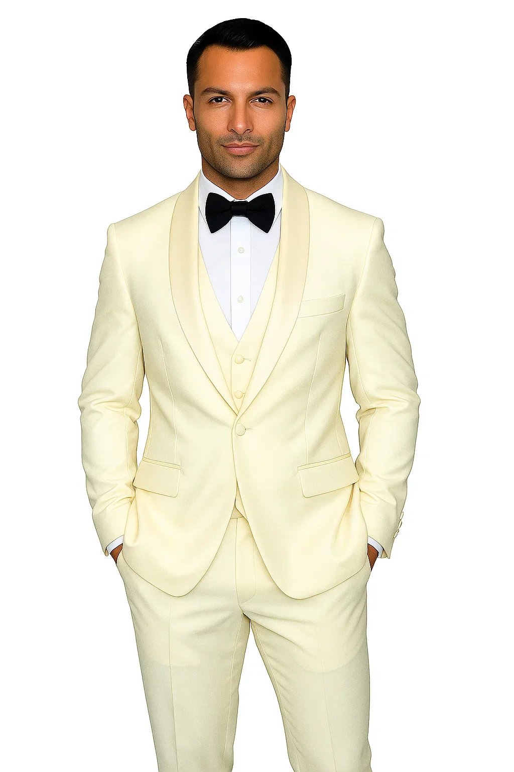 Mens Wool One Button Modern Fit Vested Shawl Prom Tuxedo in Ivory - Image 6