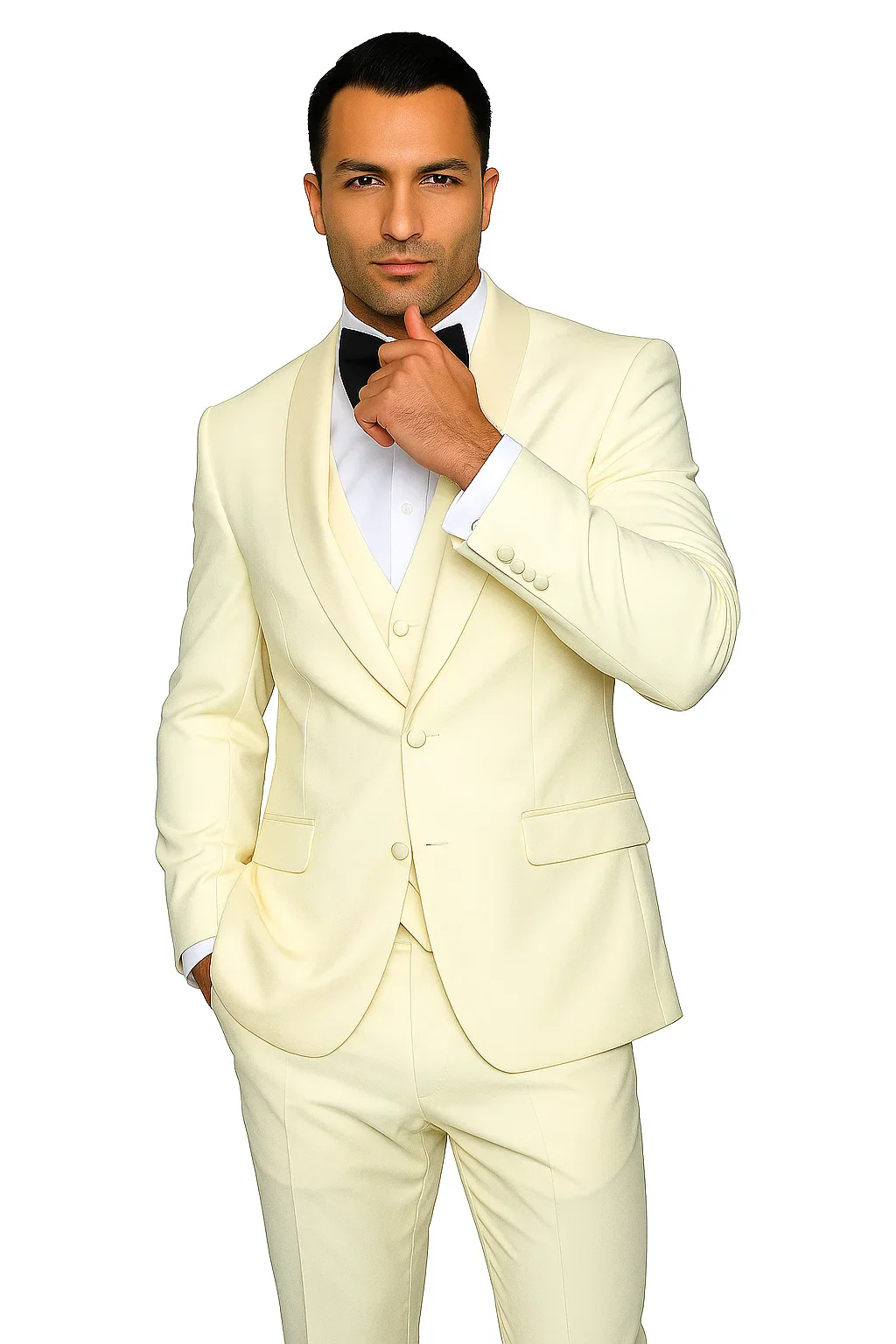 Mens Wool One Button Modern Fit Vested Shawl Prom Tuxedo in Ivory - Image 8