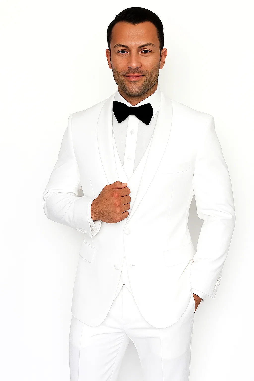 Mens Wool One Button Modern Fit Vested Shawl Prom Tuxedo in White - Image 3