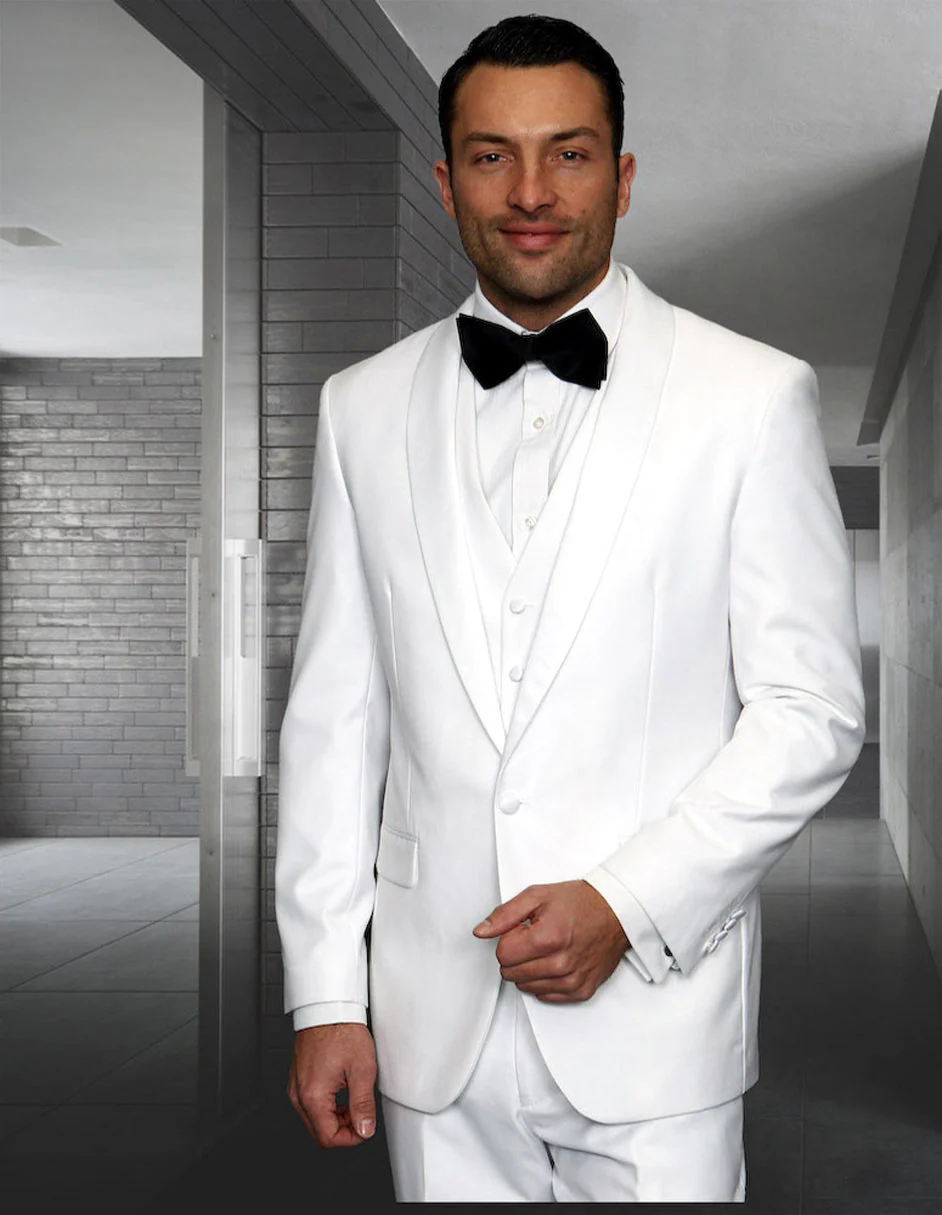 Mens Wool One Button Modern Fit Vested Shawl Prom Tuxedo in White - Image 5