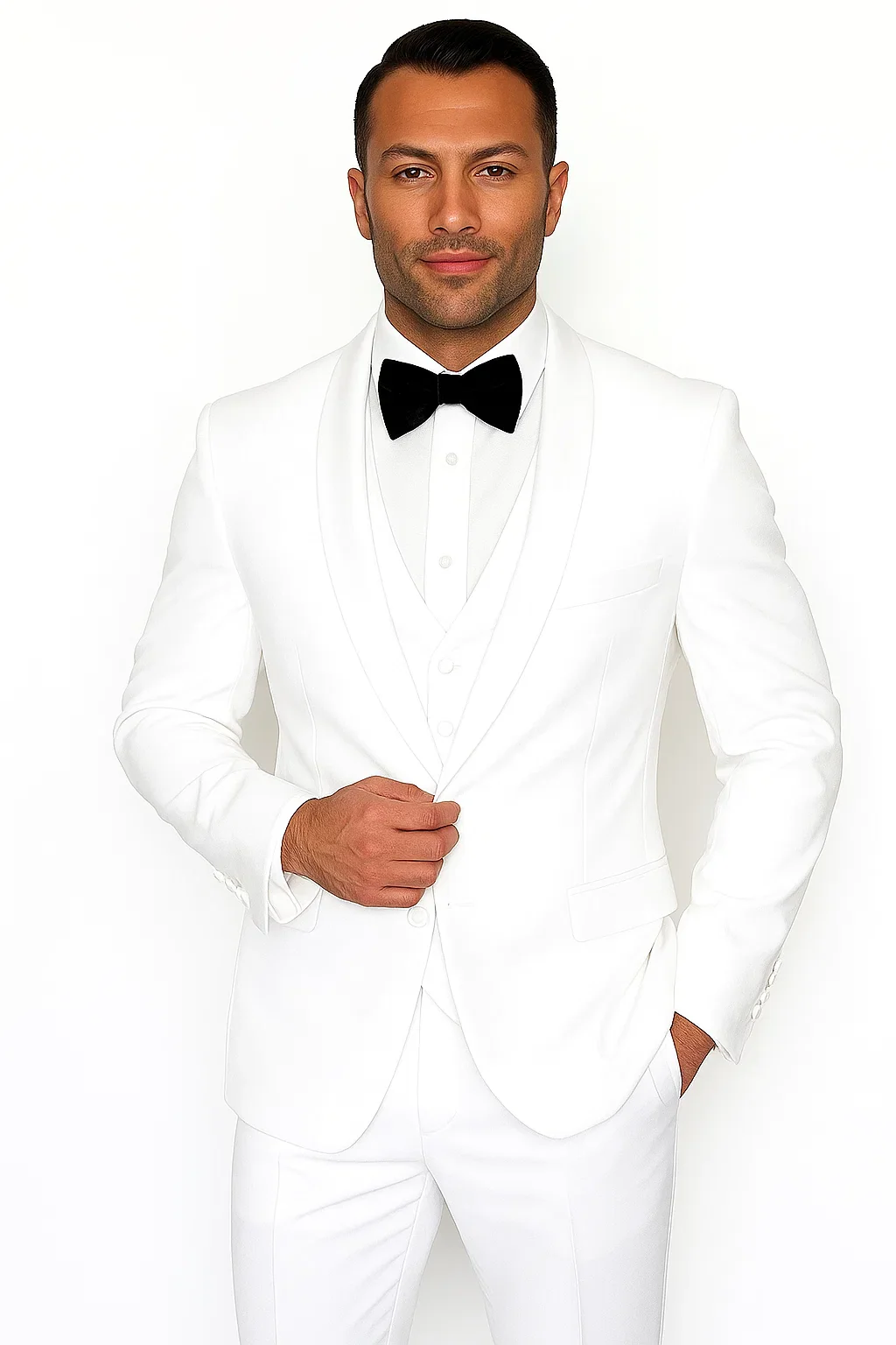 Mens Wool One Button Modern Fit Vested Shawl Prom Tuxedo in White - Image 6