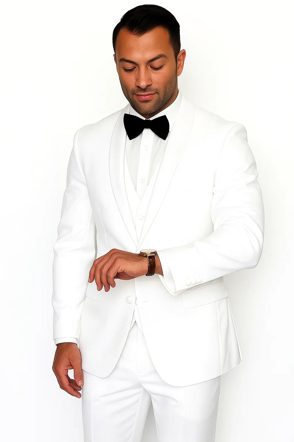 Mens Wool One Button Modern Fit Vested Shawl Prom Tuxedo in White - Image 7