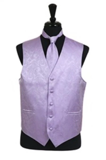 Tuxedo Vest - Wedding Vest Lavender paisley tone on tone Vest Waist coat Tie Set - Men's Neck Ties - Mens Dress Tie - Trendy Mens Ties
