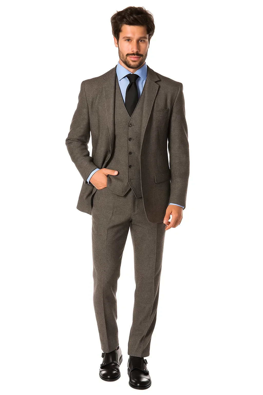 Tweed 3 Piece Suit - Tweed Wedding Suit Mens Grey Matching Super Slim Pant With Unhemmed Bottoms Designer Cheap Priced Men'S Slim Fitted Suit - Skinny Fit Suit - Image 2
