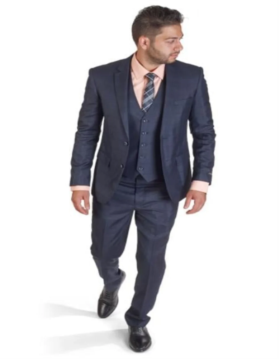Two Button 3 Piece Suit Men Plaid Dark Navy Blue Suit For Men Slim Fit Double Side Vest