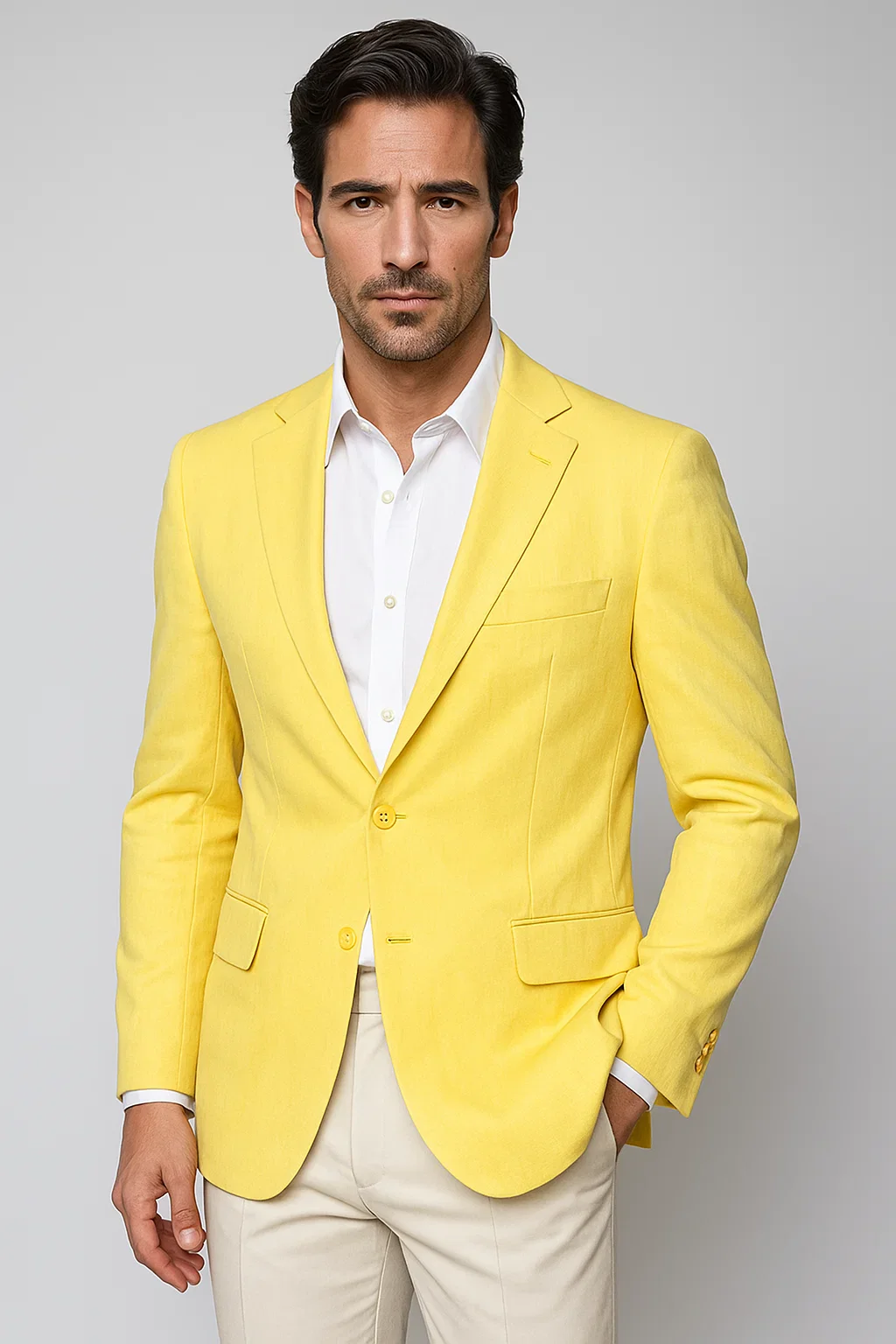Two Button Men's Graphic Printed Cheap Priced Designer Fashion Dress Casual Blazer For Men On Sale Blazer Yellow - Image 2