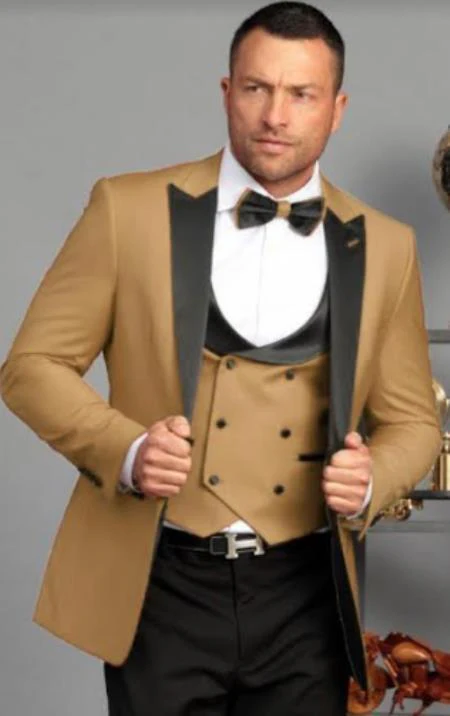 Ultra Slim Fit Prom Tuxedos - Camel Prom Suits with Double Breasted Vest - Homecoming Suit