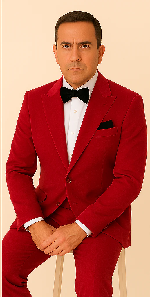 Velvet Fabric Suit - Red Blazer + Pants in Velvet Fabric Rossiman Christmas Holiday Suit - Image 4