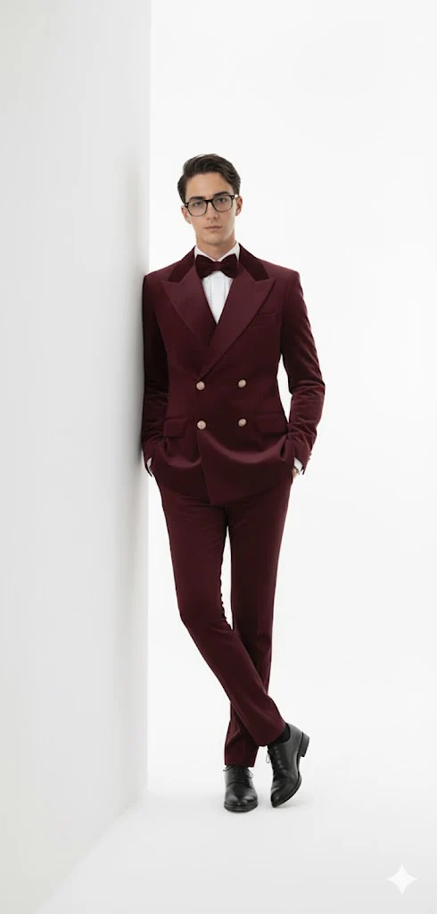 Velvet Suit - Double Breasted Suit - Burgundy Suit - Velvet Fabric Pants Slim Suit Style# DB22 - Image 7