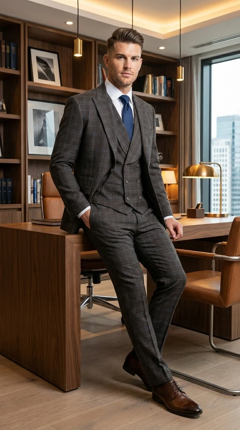 Vitali Men’s Brown Grey with blue Check 3 Piece Suit – Classic Plaid Formal Suit Set with Blazer, Vest & Trousers, Business Wedding Party Wear for Men Modern Fit - Image 13