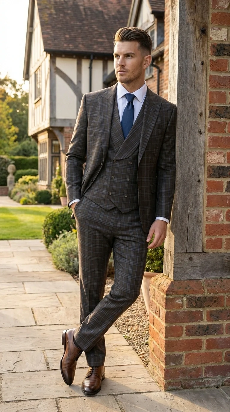 Vitali Men’s Brown Grey with blue Check 3 Piece Suit – Classic Plaid Formal Suit Set with Blazer, Vest & Trousers, Business Wedding Party Wear for Men Modern Fit - Image 14