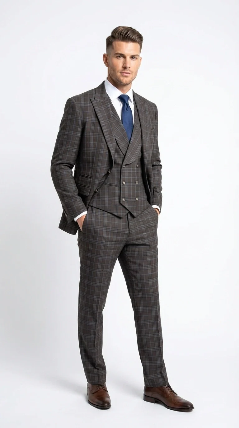 Vitali Men’s Brown Grey with blue Check 3 Piece Suit – Classic Plaid Formal Suit Set with Blazer, Vest & Trousers, Business Wedding Party Wear for Men Modern Fit - Image 2
