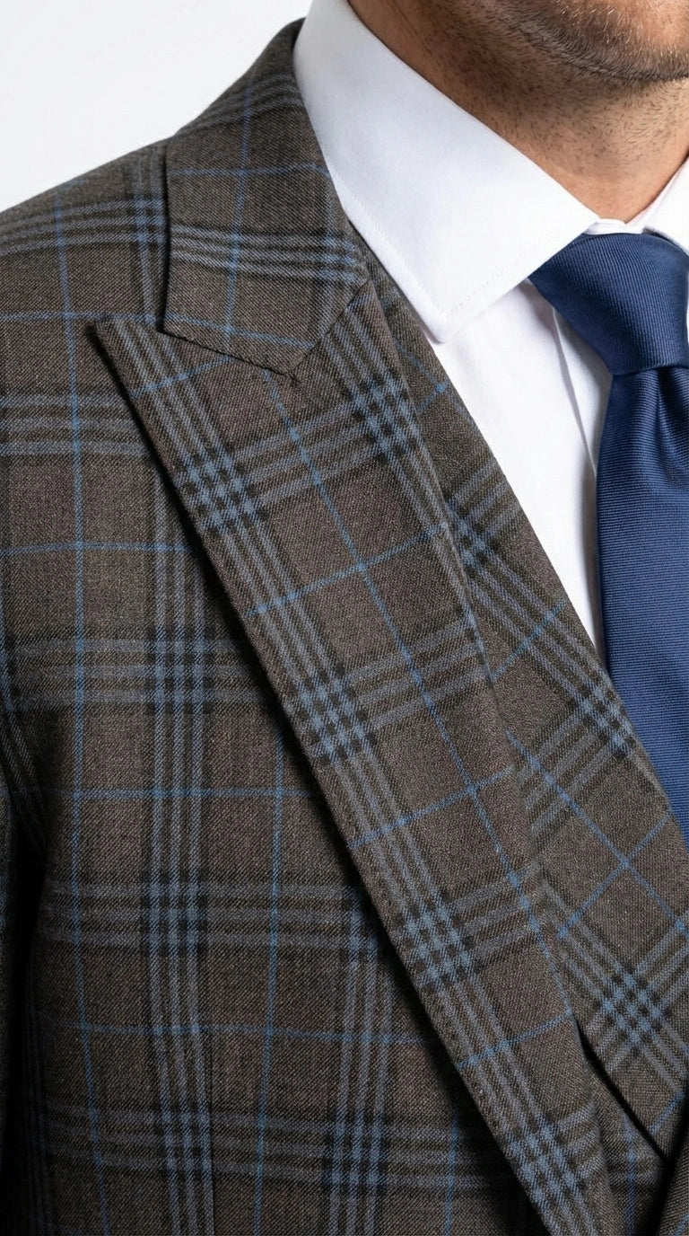 Vitali Men’s Brown Grey with blue Check 3 Piece Suit – Classic Plaid Formal Suit Set with Blazer, Vest & Trousers, Business Wedding Party Wear for Men Modern Fit - Image 7