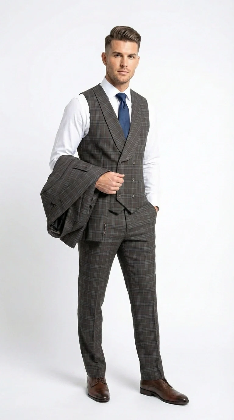 Vitali Men’s Brown Grey with blue Check 3 Piece Suit – Classic Plaid Formal Suit Set with Blazer, Vest & Trousers, Business Wedding Party Wear for Men Modern Fit - Image 8