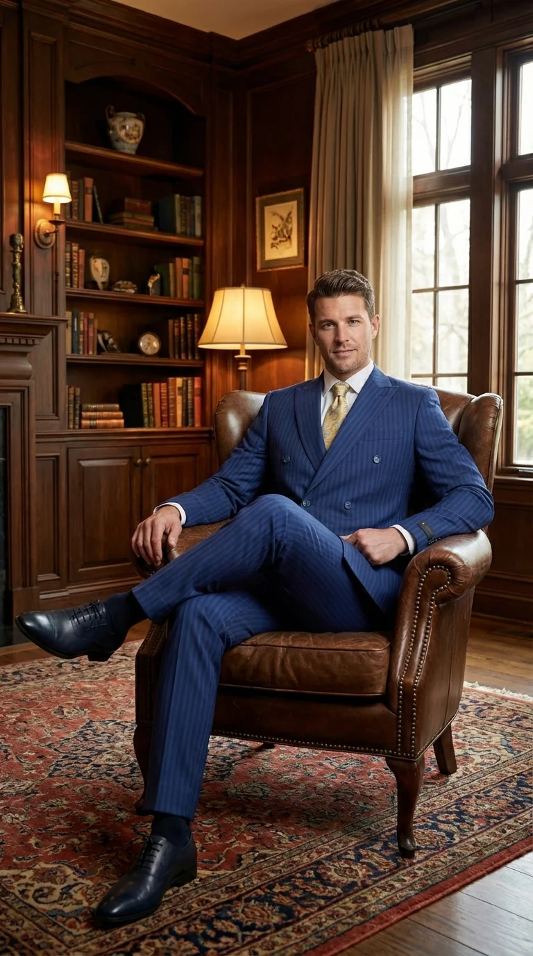 Vitali Mens Blue Tone on Tone Shadow Pinstripe Suit Set – Double Breasted Business Modern Fit Side Vented - Image 10