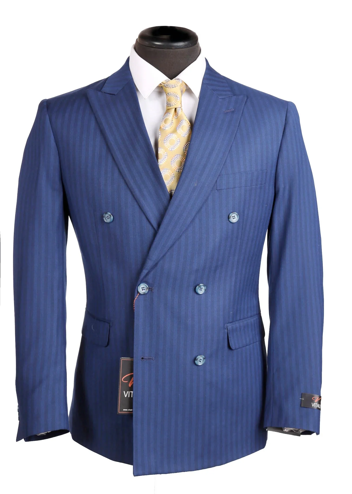 Vitali Mens Blue Tone on Tone Shadow Pinstripe Suit Set – Double Breasted Business Modern Fit Side Vented - Image 15