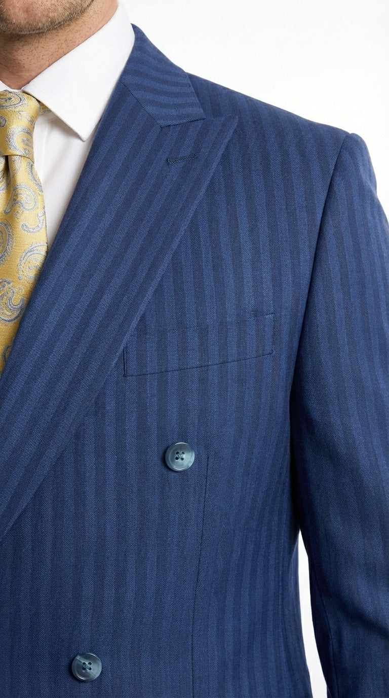 Vitali Mens Blue Tone on Tone Shadow Pinstripe Suit Set – Double Breasted Business Modern Fit Side Vented - Image 5