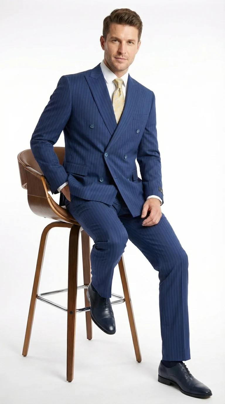 Vitali Mens Blue Tone on Tone Shadow Pinstripe Suit Set – Double Breasted Business Modern Fit Side Vented - Image 7