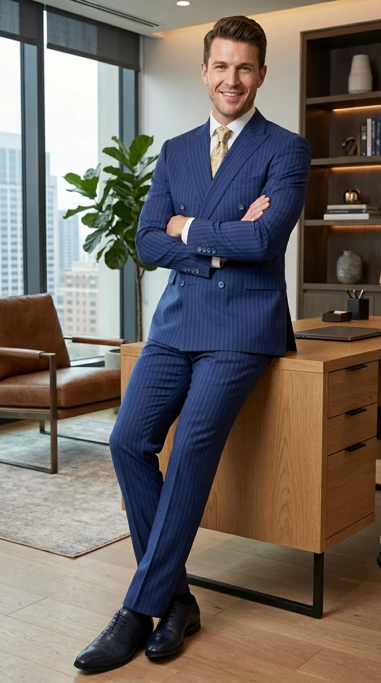 Vitali Mens Blue Tone on Tone Shadow Pinstripe Suit Set – Double Breasted Business Modern Fit Side Vented - Image 9