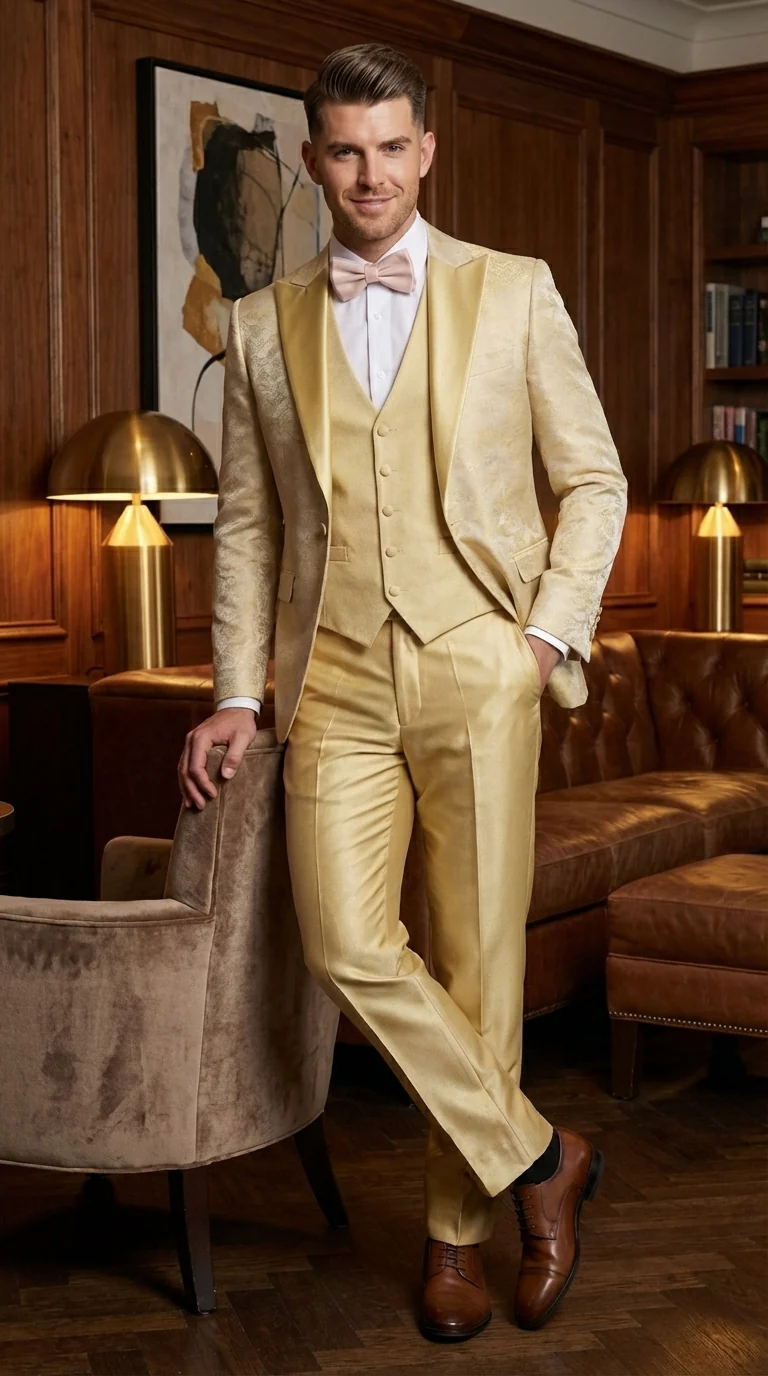 Vitali Mens Yellow Gold Designer Tuxedo Suit Set – Luxury Wedding Prom Formal Tuxedo with Vest Bow Tie in Champaign Color - Image 10