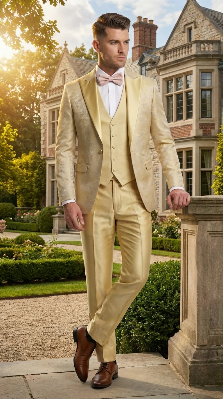 Vitali Mens Yellow Gold Designer Tuxedo Suit Set – Luxury Wedding Prom Formal Tuxedo with Vest Bow Tie in Champaign Color - Image 11