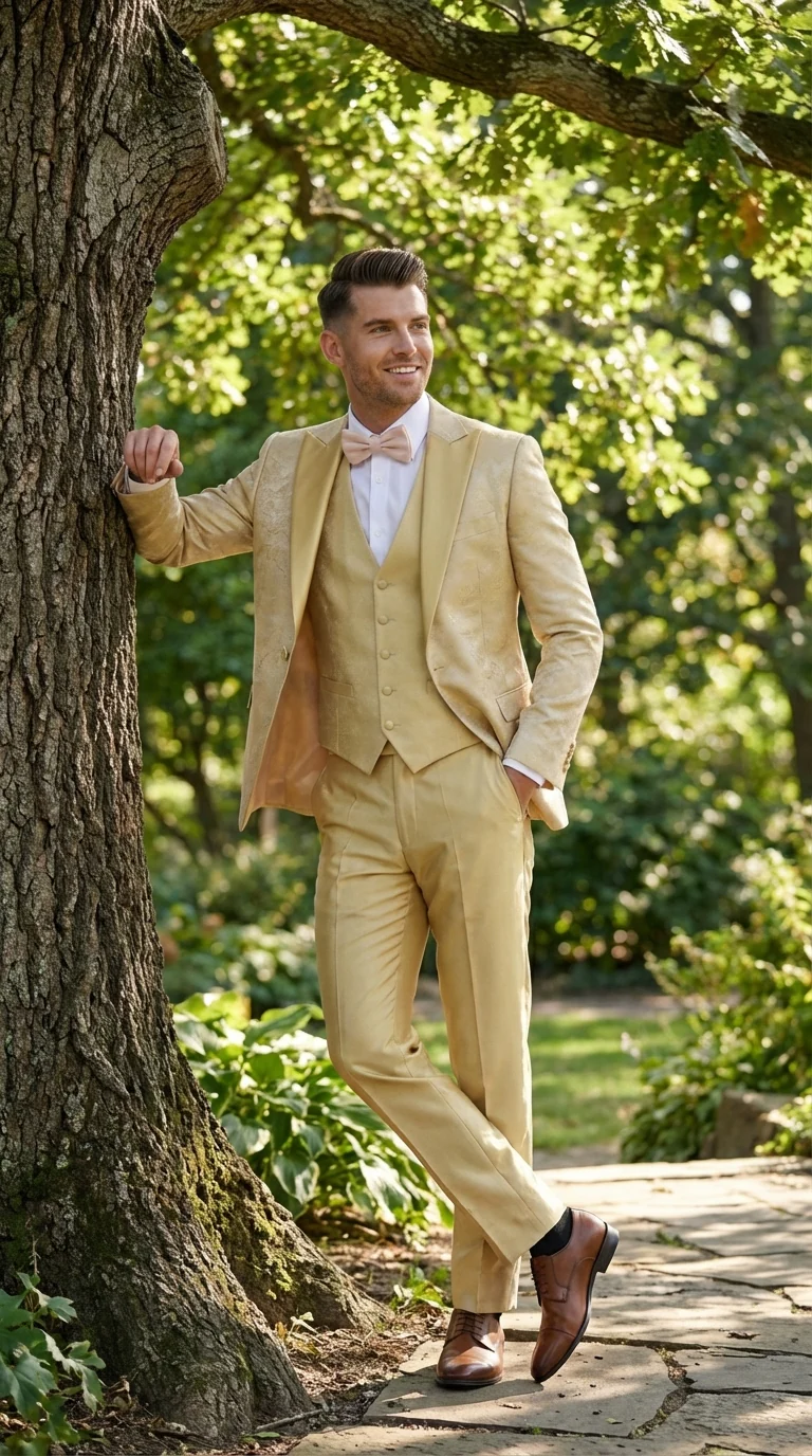 Vitali Mens Yellow Gold Designer Tuxedo Suit Set – Luxury Wedding Prom Formal Tuxedo with Vest Bow Tie in Champaign Color - Image 12