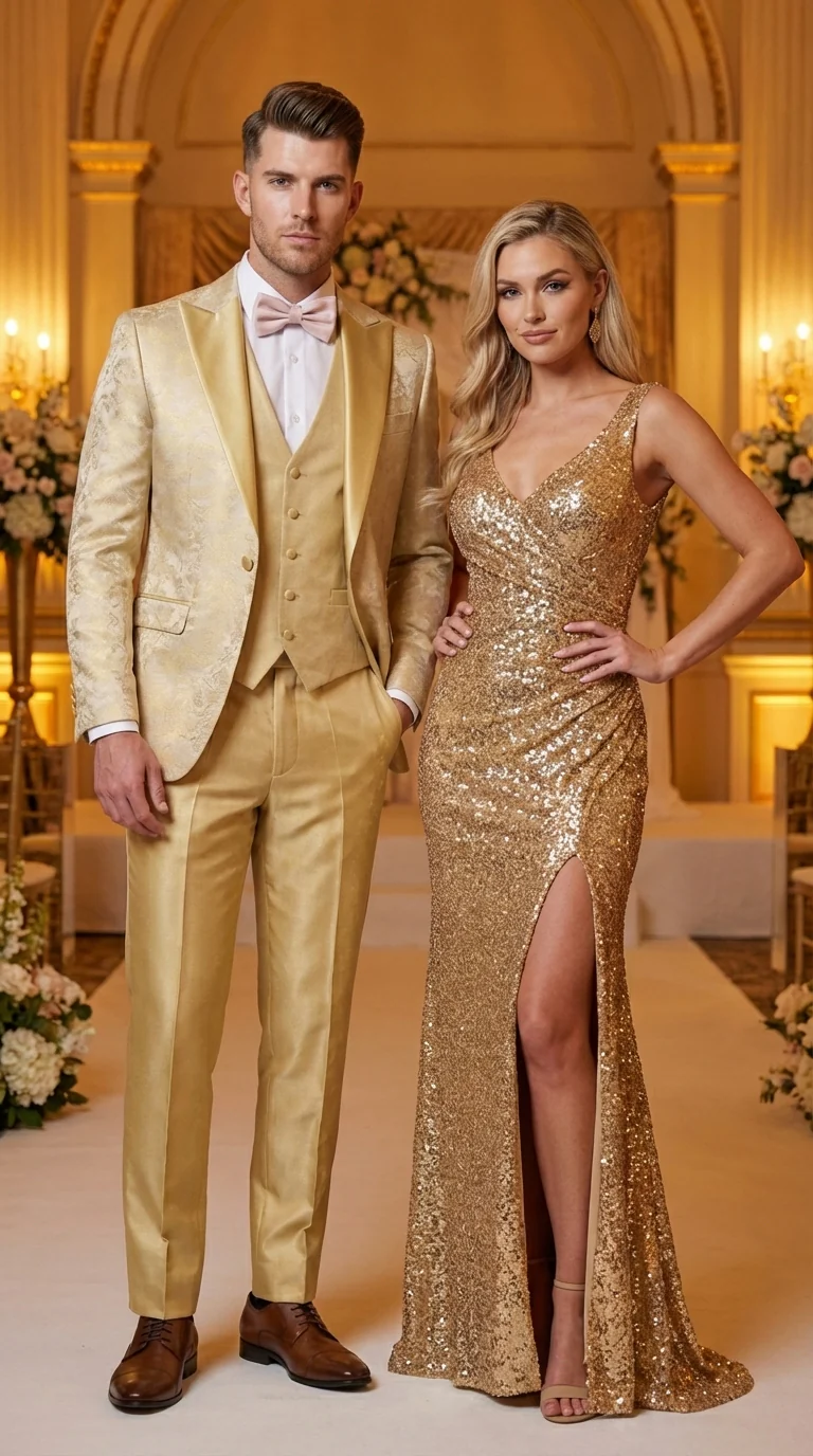 Vitali Mens Yellow Gold Designer Tuxedo Suit Set – Luxury Wedding Prom Formal Tuxedo with Vest Bow Tie in Champaign Color - Image 13