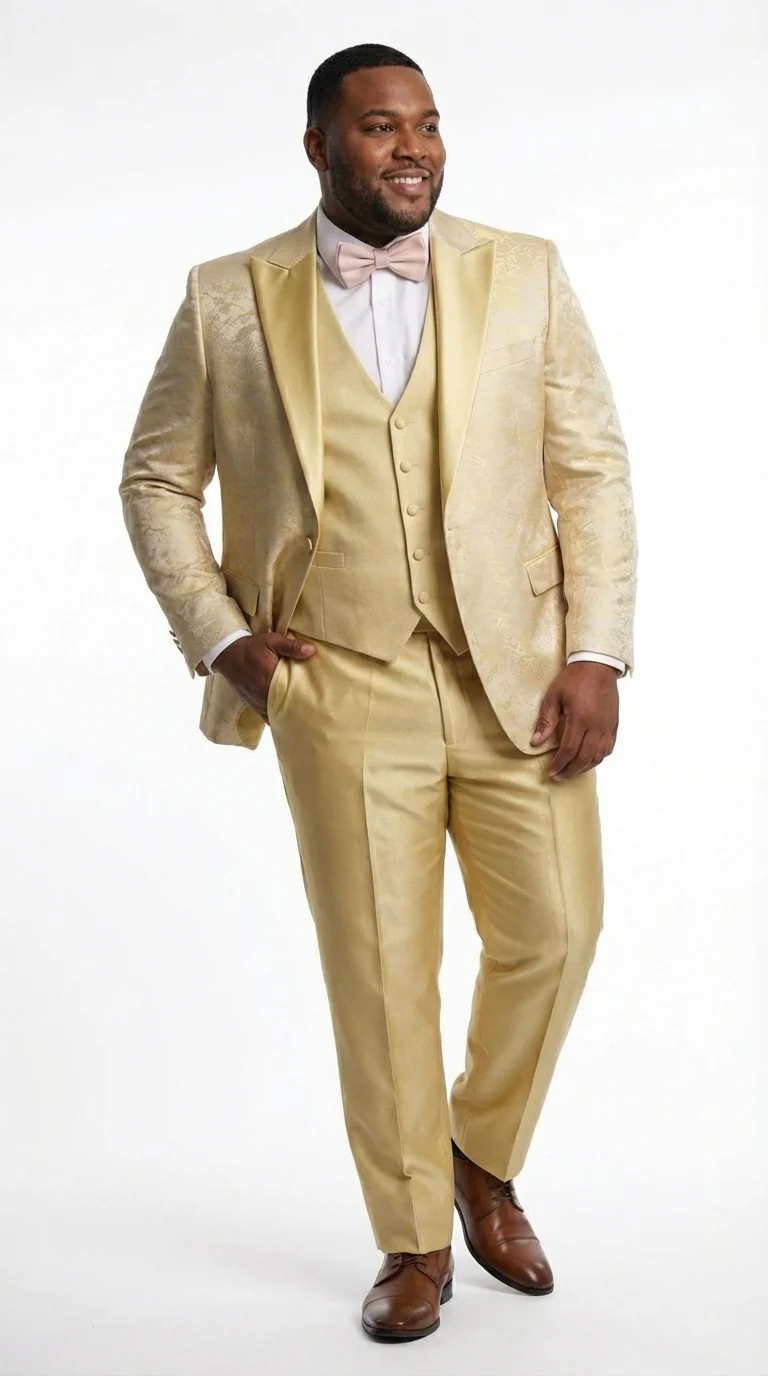 Vitali Mens Yellow Gold Designer Tuxedo Suit Set – Luxury Wedding Prom Formal Tuxedo with Vest Bow Tie in Champaign Color - Image 14