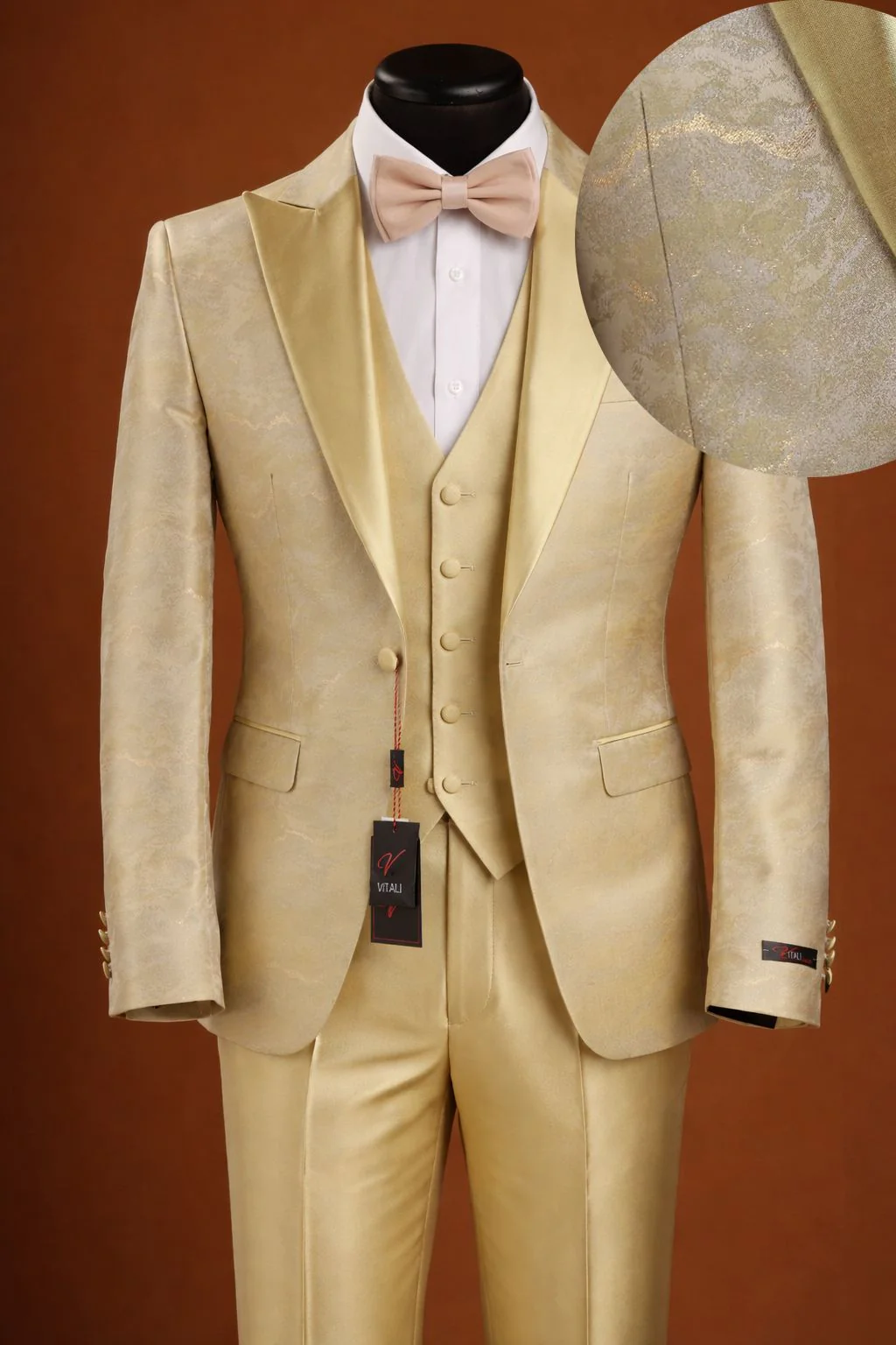 Vitali Mens Yellow Gold Designer Tuxedo Suit Set – Luxury Wedding Prom Formal Tuxedo with Vest Bow Tie in Champaign Color - Image 16