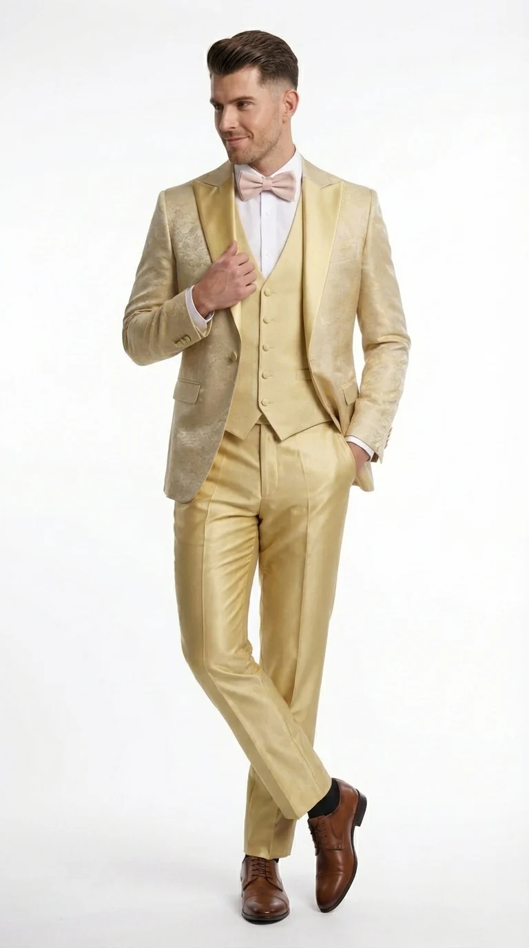 Vitali Mens Yellow Gold Designer Tuxedo Suit Set – Luxury Wedding Prom Formal Tuxedo with Vest Bow Tie in Champaign Color - Image 3
