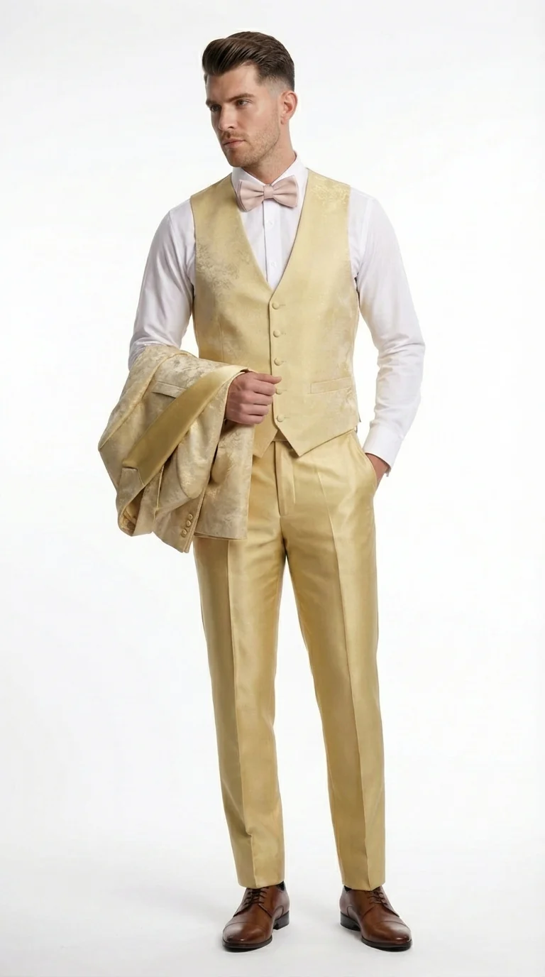 Vitali Mens Yellow Gold Designer Tuxedo Suit Set – Luxury Wedding Prom Formal Tuxedo with Vest Bow Tie in Champaign Color - Image 7