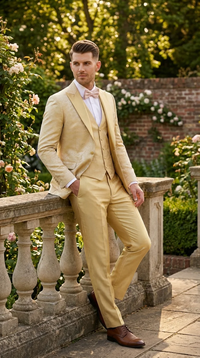 Vitali Mens Yellow Gold Designer Tuxedo Suit Set – Luxury Wedding Prom Formal Tuxedo with Vest Bow Tie in Champaign Color - Image 8