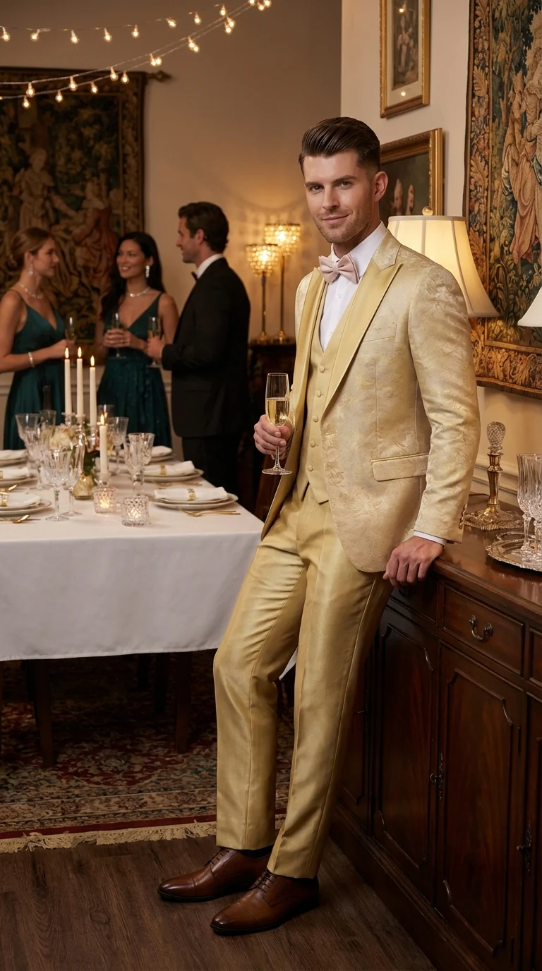 Vitali Mens Yellow Gold Designer Tuxedo Suit Set – Luxury Wedding Prom Formal Tuxedo with Vest Bow Tie in Champaign Color - Image 9